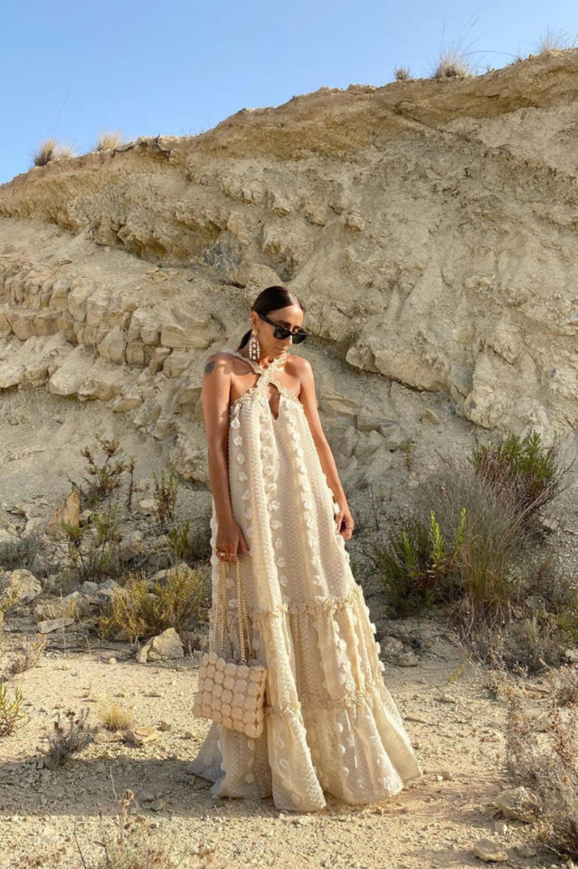 3d Flower Patchwork Halter Maxi Dress