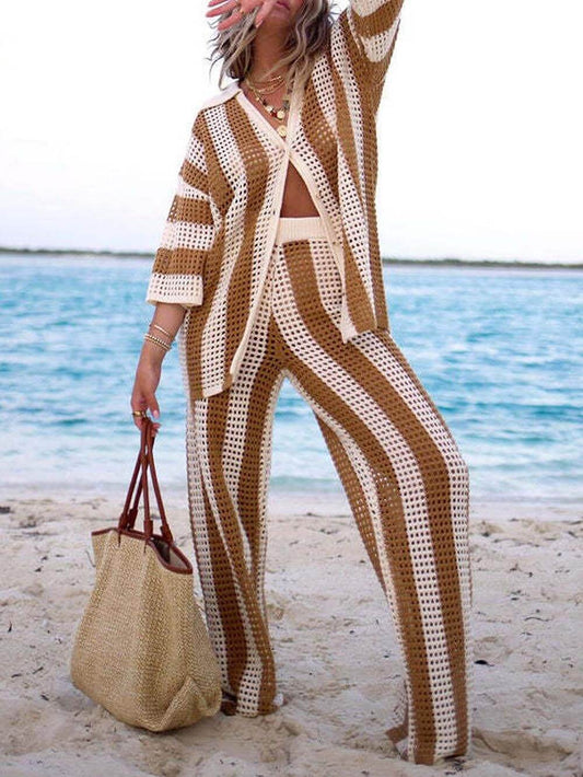 Loose V-neck Hollow Out Striped Shirt Wide Leg Pants Set