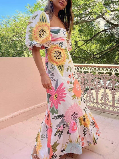 Print Square Neck Bubble Sleeve Maxi Dress