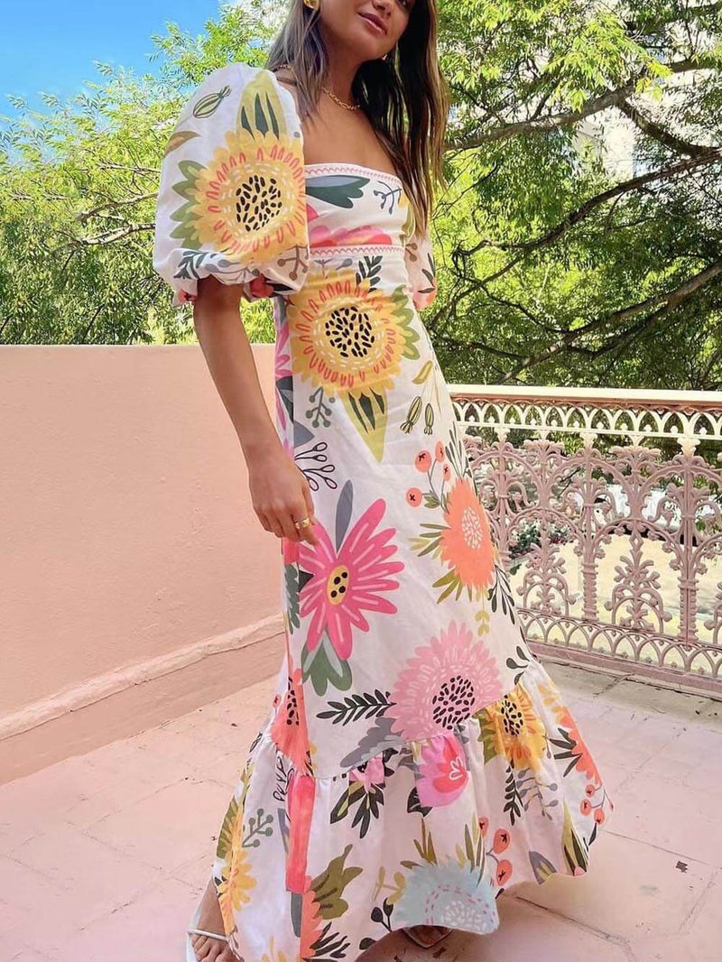 Print Square Neck Bubble Sleeve Maxi Dress