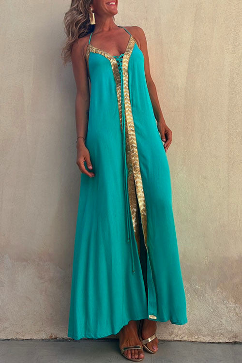 V Neck Backless Sequin Detailed Cami Maxi Dress