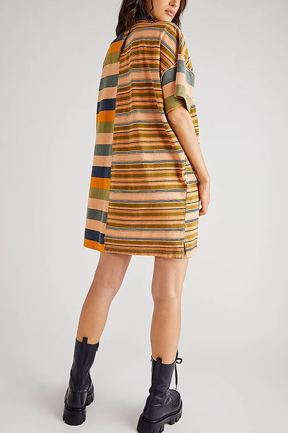Contrast Striped Patchwork Denim Lapel Loose Mini Dress
