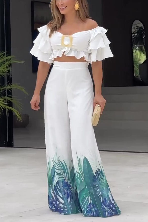 Off Shoulder Top and High Waisted Wide Leg Printed Pants Suit