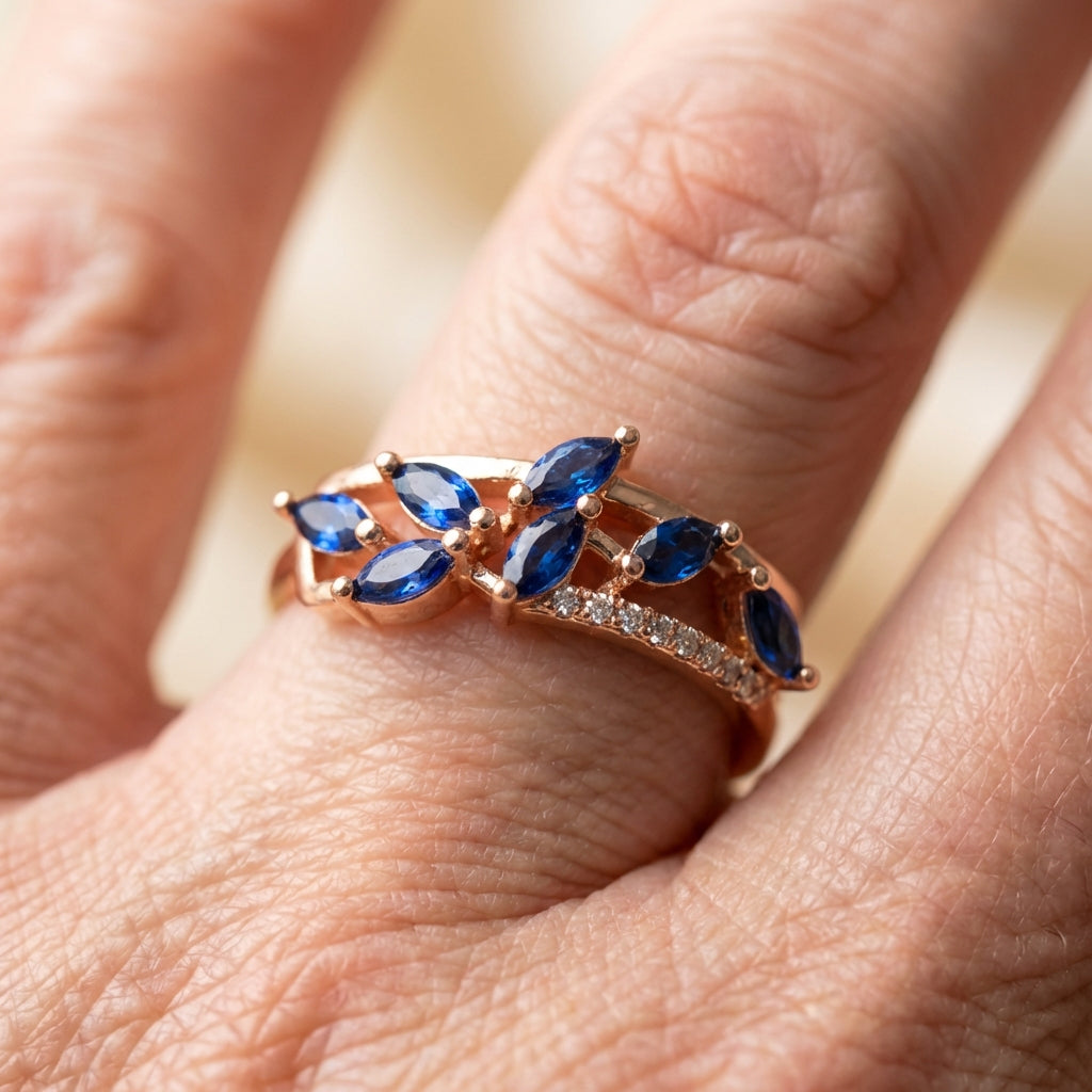 Leaf Shape Blue Zircon Paved Ring