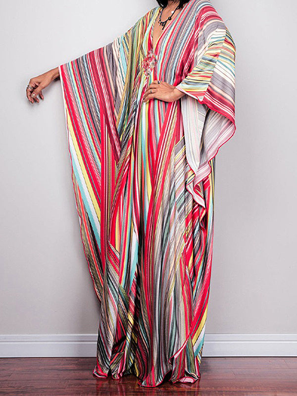 Batwing Sleeves Loose Printed Split-joint Striped V-neck Maxi Dresses