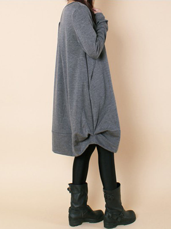 A-line Long Sleeves Pleated Color Round-neck Dresses Maxi Dresses