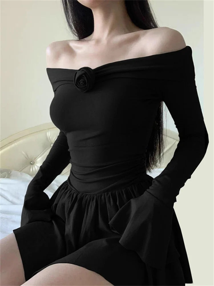 Black Ruffled Mini Dress Off-shoulder Long Sleeve Slim Backless Patchwork Dress Dress