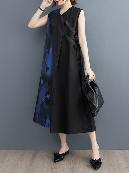 Loose Sleeveless Printed Round-neck Midi Dresses