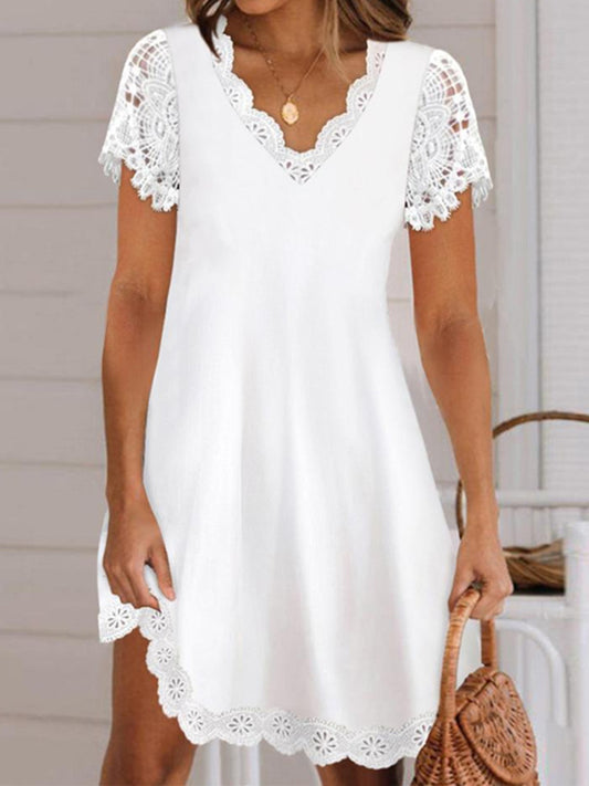 Loose Short Sleeves Color Split-joint V-neck Mini Dresses