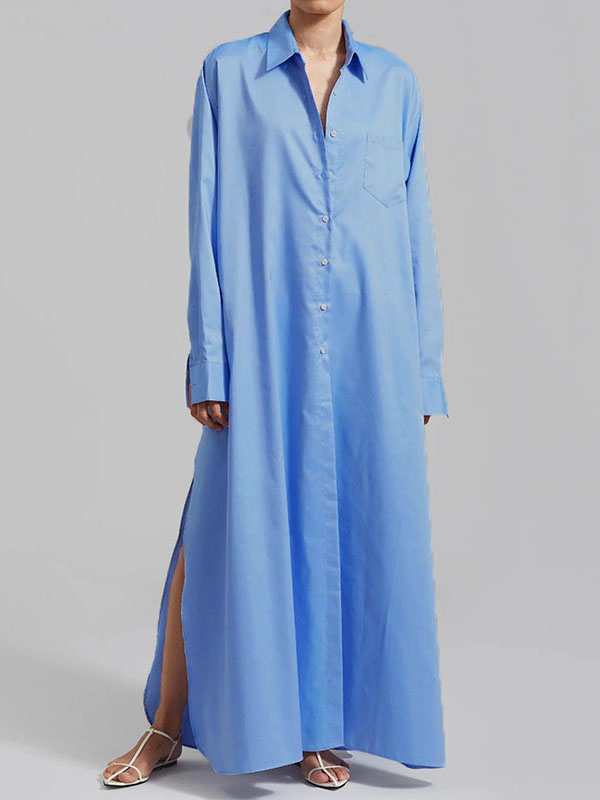 Long Sleeves Loose See-through Color Split-joint Split-side Lapel Maxi Dresses Shirt Dress
