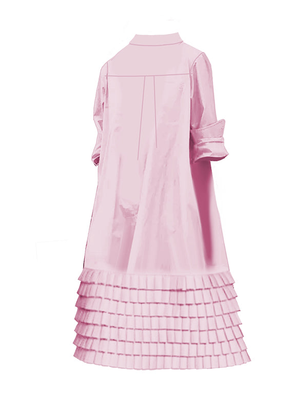 A-line Long Sleeves Layered Pleated Pockets Color Split-joint Lapel Midi Dresses Shirt Dress