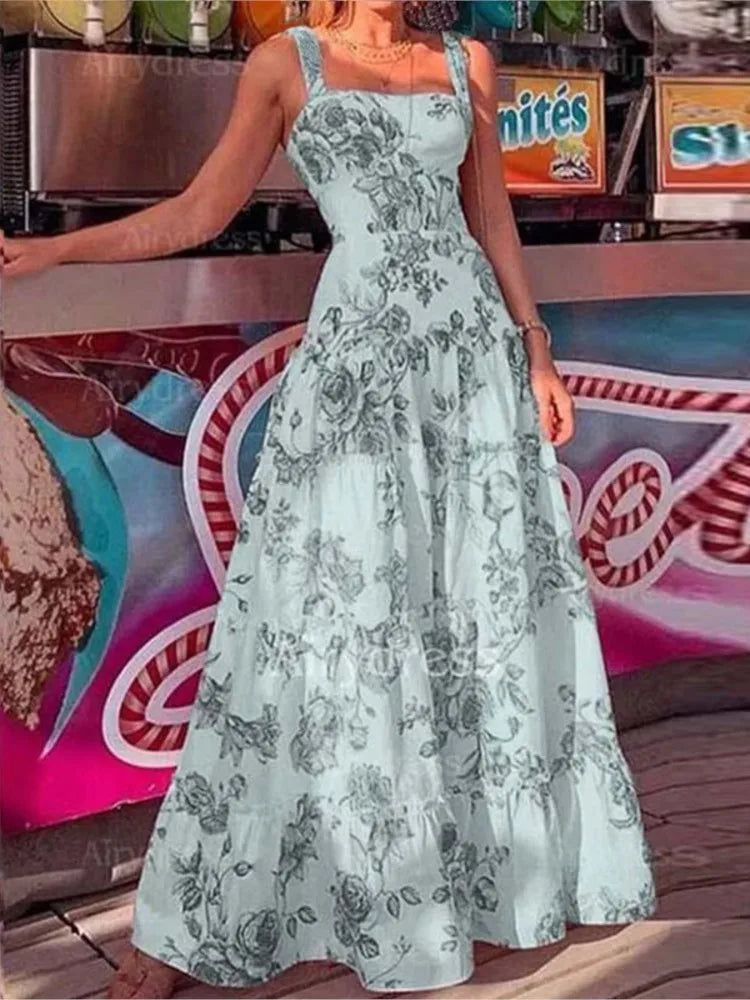 Long Dresses for Flower Printed Spaghetti Strap High Waist Large Skirt Hem Maxi Dress Summer Beach Party