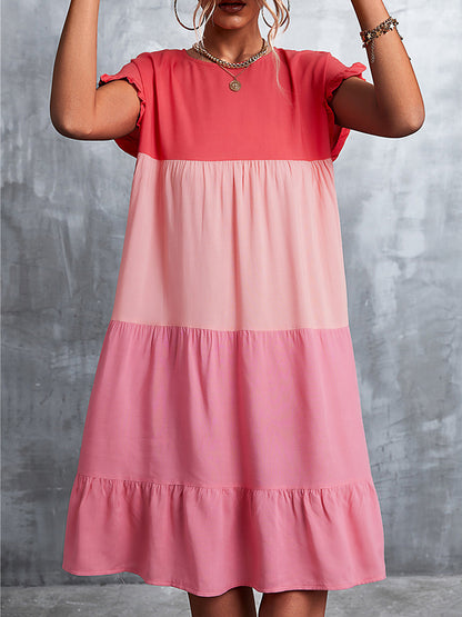 Loose Ruffle Sleeves Contrast Color Falbala Pleated Split-joint Round-neck Mini Dresses