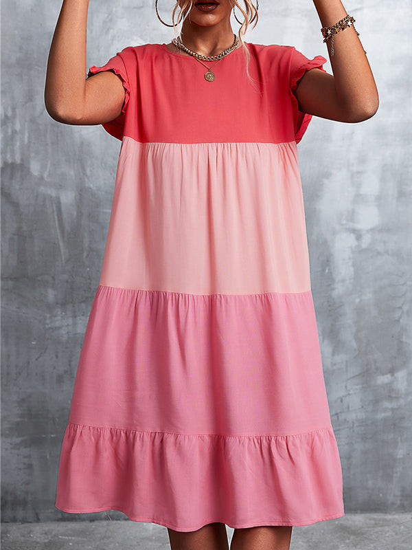 Loose Ruffle Sleeves Contrast Color Falbala Pleated Split-joint Round-neck Mini Dresses