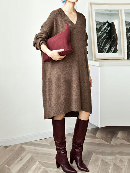 Stylish Long Sleeves Loose Color V-neck Sweater Dresses