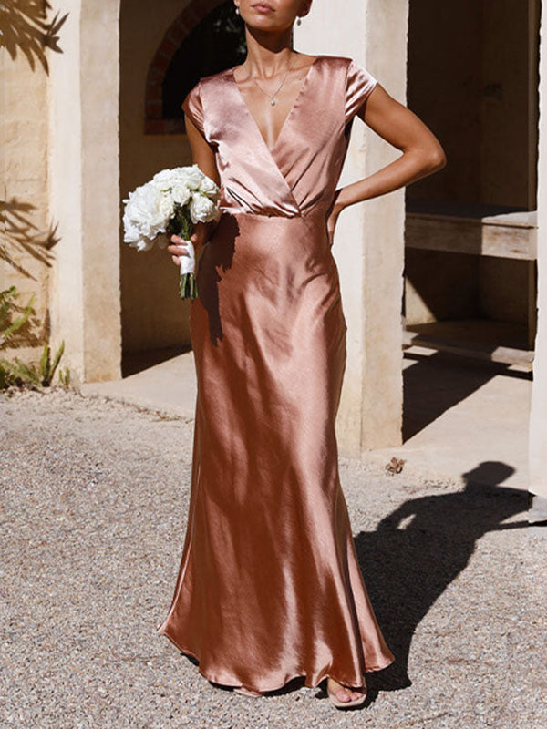 Loose Short Sleeves Pleated Color Split-joint V-neck Maxi Dresses
