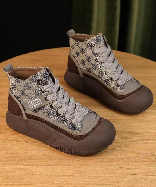 Khaki Canvas Platform Flats Shoes Cross Strap