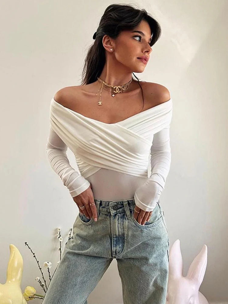 Wrinkled Cross Fitting Long Sleeves T-shirt Patchwork Pullover Top Female T-shirt Spring