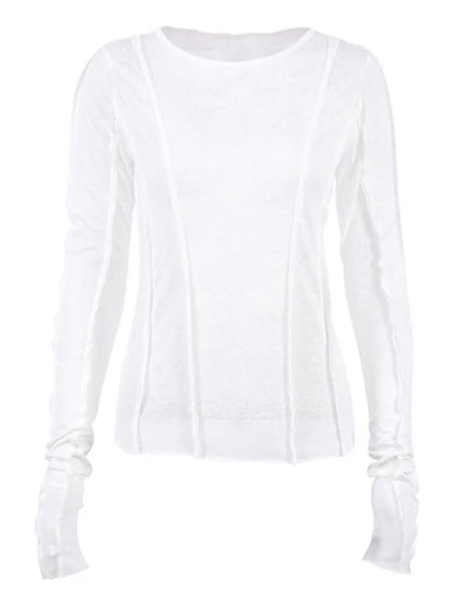 White O-neck ’s T-shirt Yellow Long Sleeve Fall Tee Shirt Slim Elastic Top Female