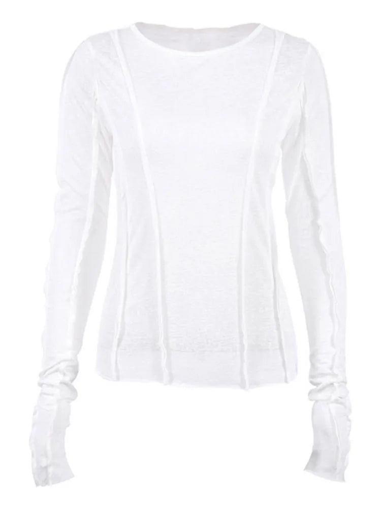 White O-neck ’s T-shirt Yellow Long Sleeve Fall Tee Shirt Slim Elastic Top Female