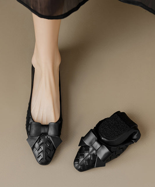 Bow Splicing Soft Comfy Flats Black Sheepskin