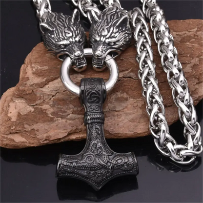 Nordic Zinc Alloy Viking Wolf Head and Hammer Pendant Necklace