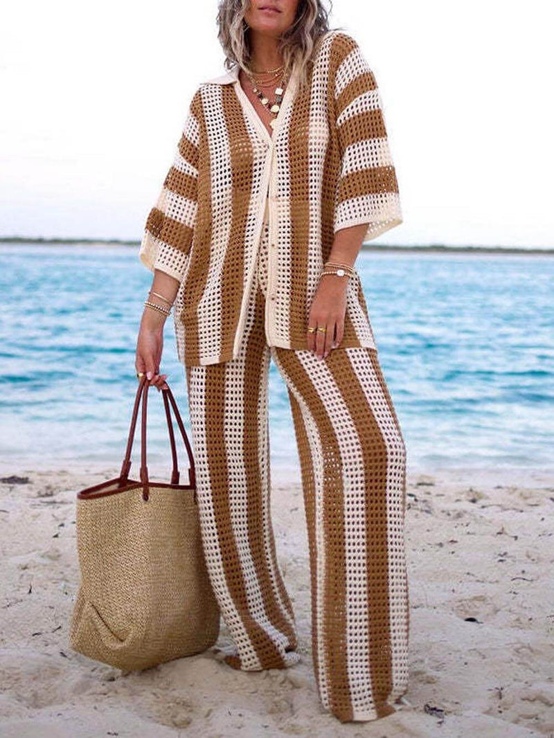 Loose V-neck Hollow Out Striped Shirt Wide Leg Pants Set