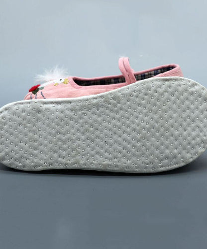 Pink Linen Fabric Flat Shoes for Embroidery Splicing Buckle Strap