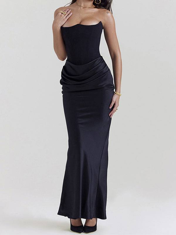 Satin Bandeau Splice Slim Maxi Dress With Corset Ruched