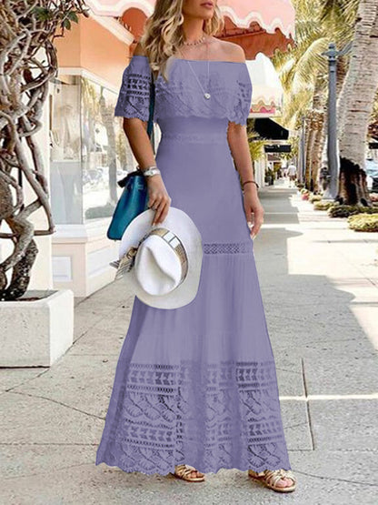 High Waisted Short Sleeves Hollow Color Split-joint Off-the-shoulder Maxi Dresses