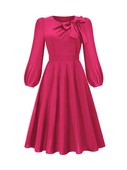A-line Long Sleeves Asymmetric Bowknot Elasticity Color Round-neck Midi Dresses