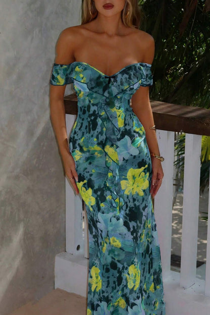 Tie Strapless Ruffled Print Bodycon Maxi Dress