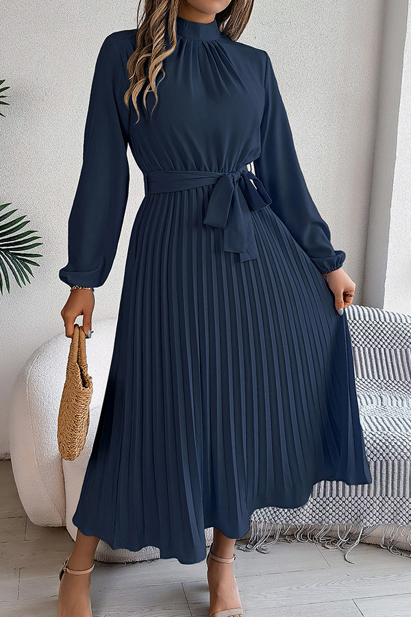 Stand-collar Long-sleeve Waisted Tie-up Pleated Midi Dress