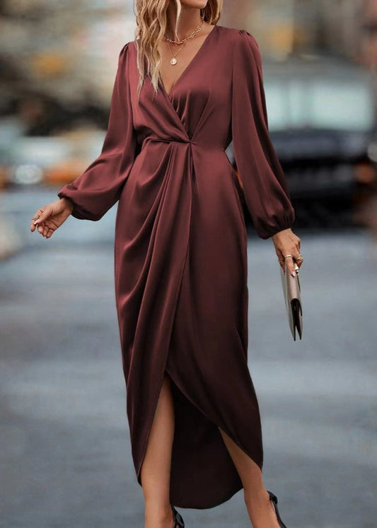Red Draped V-neck Midi Dress