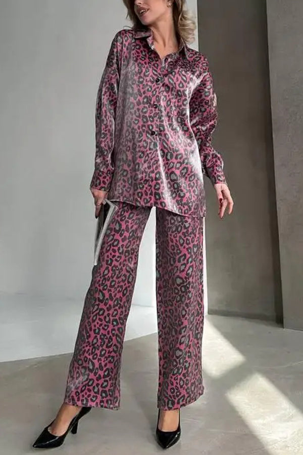 Leopard Print Long-sleeved Top and Loose Elastic Waist Tie Pants Set