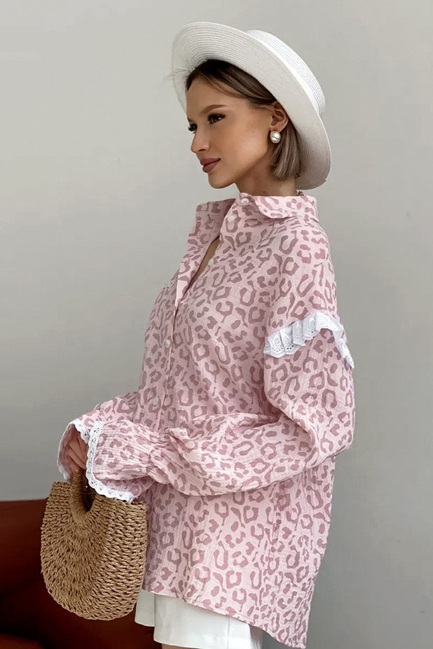 Pink Leopard Print Ruffle Blouse