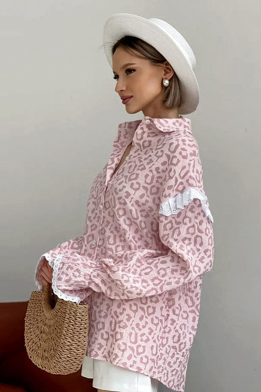 Pink Leopard Print Ruffle Blouse