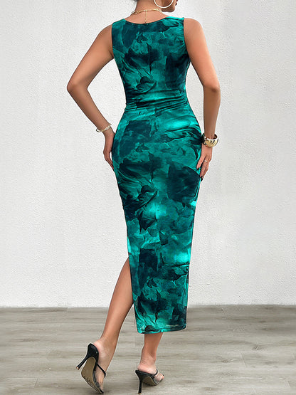 Bodycon Sleeveless Pleated Printed Split-side Round-neck Midi Dresses