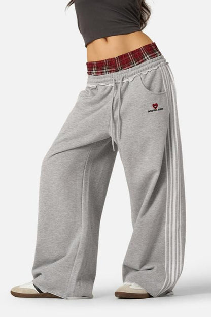Stripe Embroidery Relaxed Double Waist Pants