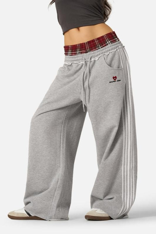 Stripe Embroidery Relaxed Double Waist Pants