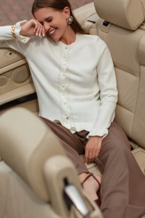 Crew Neck Layered Trim Long Sleeve Knit Cardigan