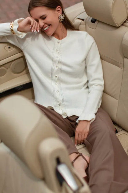 Crew Neck Layered Trim Long Sleeve Knit Cardigan