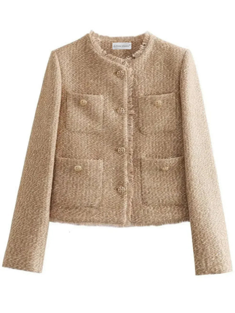 Round Neck Single-breasted Tweed Cardigan