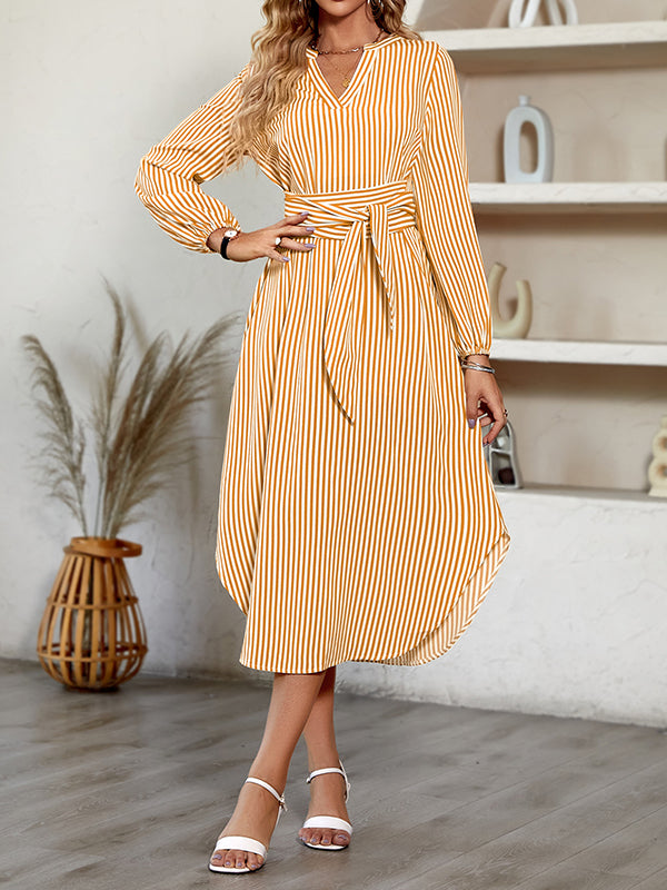 A-line Long Sleeves Striped Tied Waist V-neck Midi Dresses Shirt Dress
