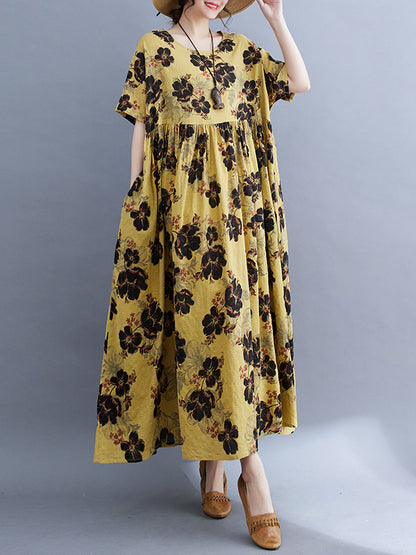 Loose Short Sleeves Pleated Printed Split-joint Round-neck Midi Dresses