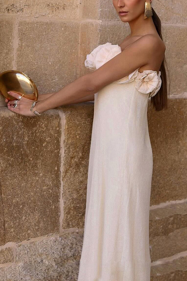 Blooming Flower Applique Elastic Off Shoulder Strapless Maxi Dress
