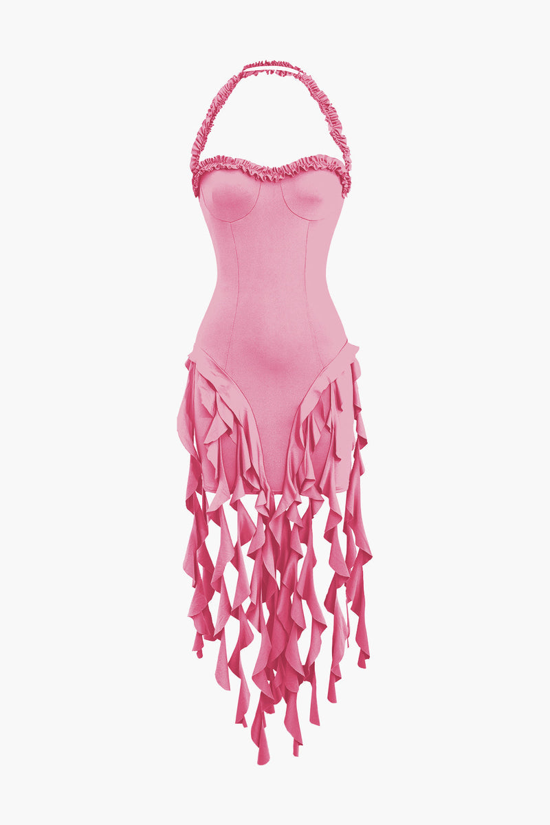 Color Ruffle Tassel Halter Bustier Mini Dress