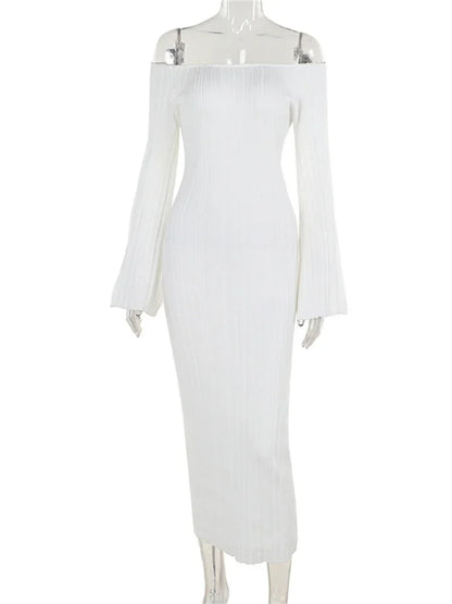 Autumn Knit Ribbed Long Dress Off-shoulder Slim High Waist Patchwork Party Dress Female Maxi Dress Knitwear