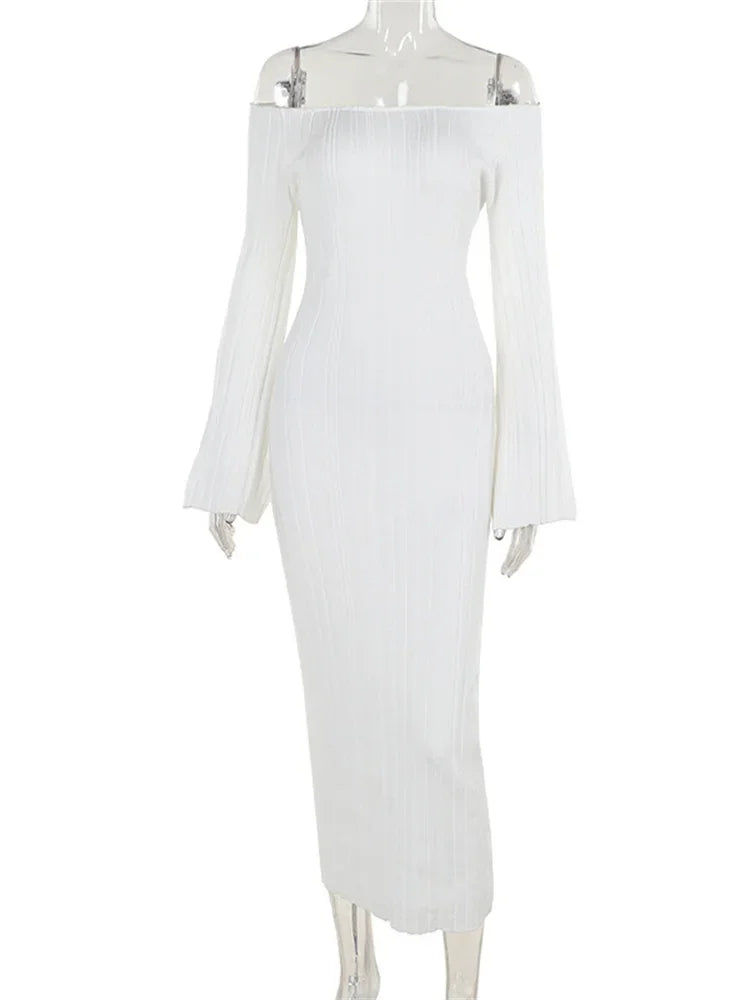 Autumn Knit Ribbed Long Dress Off-shoulder Slim High Waist Patchwork Party Dress Female Maxi Dress Knitwear