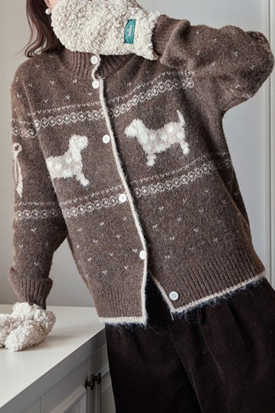 Stand Collar Puppy Print Jacquard Sweater